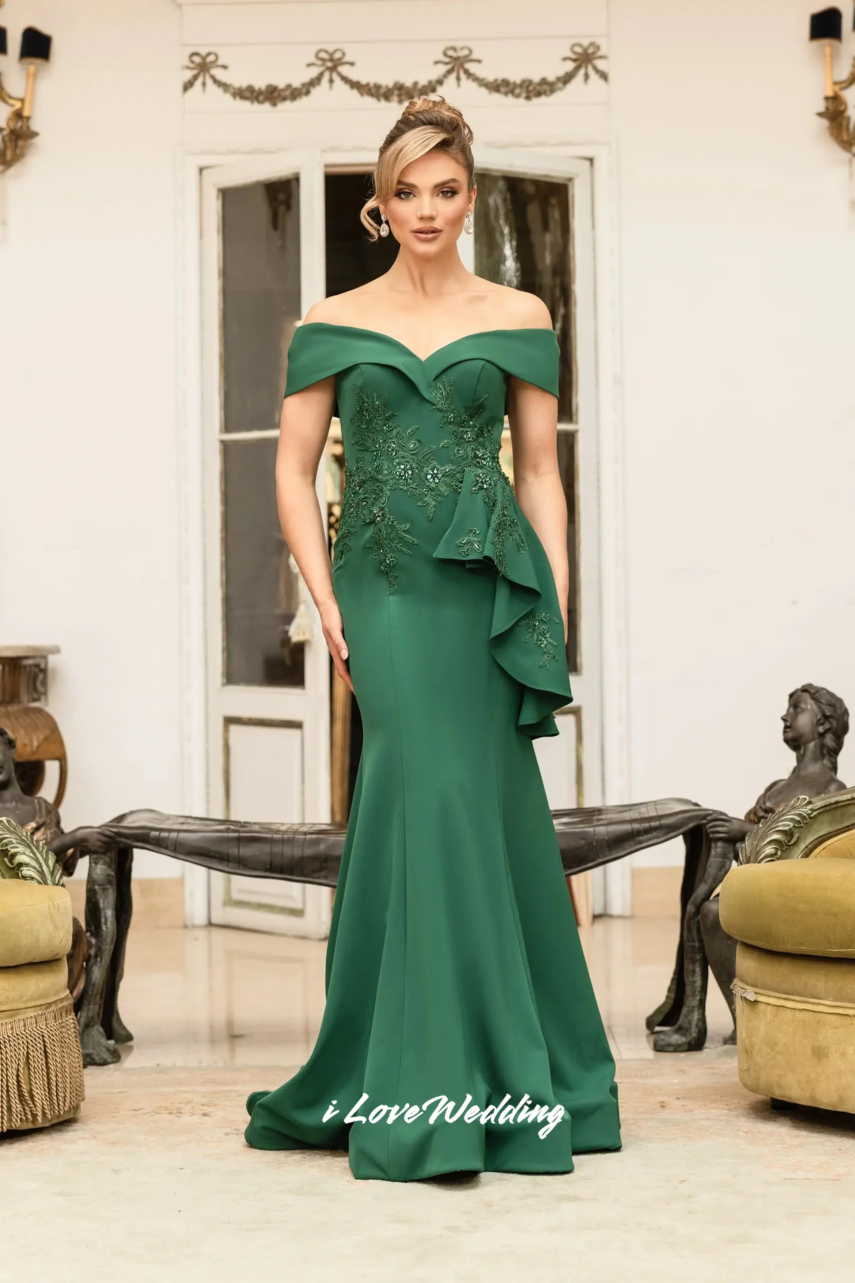 

Green Off Shoulder Evening Dress 2025 Satin V-Neck Mermaid Appliques Sequin Pleated Floor-Length Wedding Party Dress Customized
