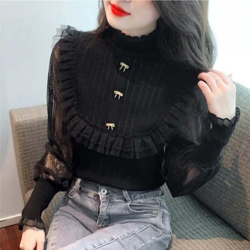 Korean Version 2024 Autumn New Fashion Splicing Half High Collar Button Gauze Chiffon Sleeve Slim Long Sleeved Knitted Tops