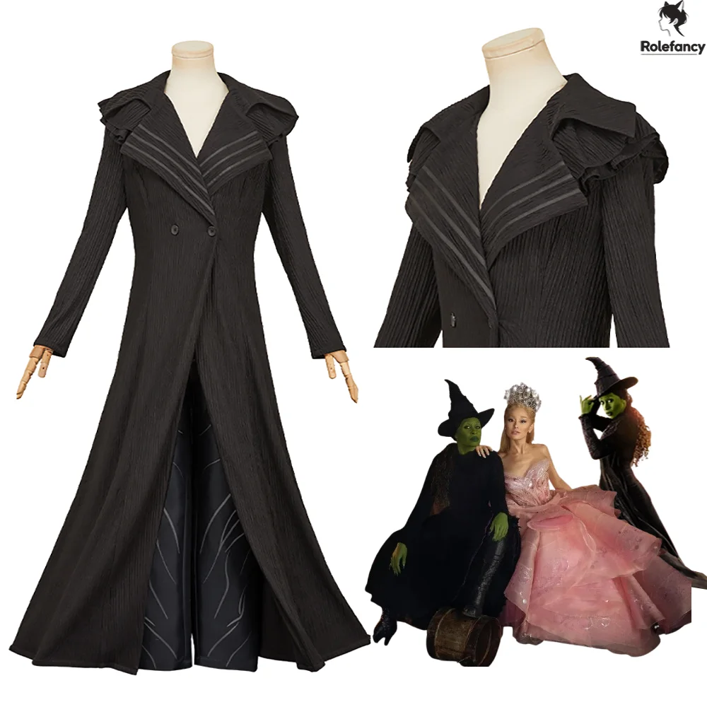 

Wicked Movie Roleplay Elphaba Cosplay Costume Black Trench Coat Pants Set Women Adult Fantasy Halloween Carnival Party Disguise