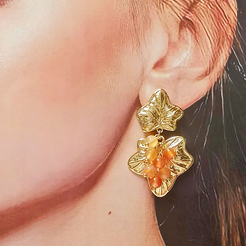 Bohemia Rice bead earrings Natural stone Maple leaf Orange red Hand weaving Original design Grape Personality Beaded earrings