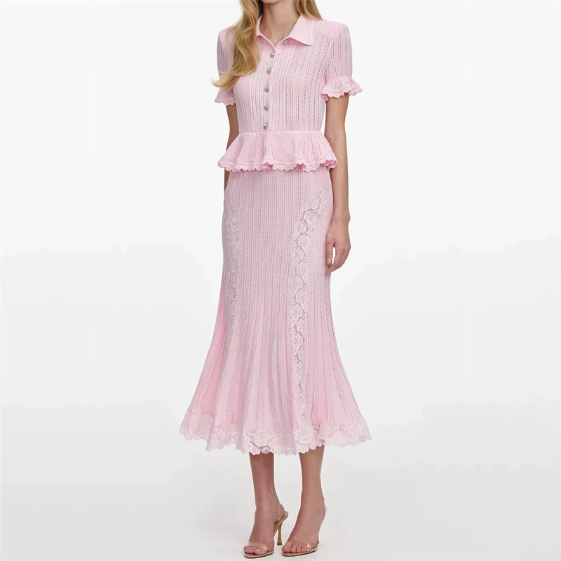 

New Summer Women's Lace-Trimmed Short-Sleeve Knitted DressY2K High-Quality Fashionable Casual Faux Two-Piece Fishtail Maxi Dress