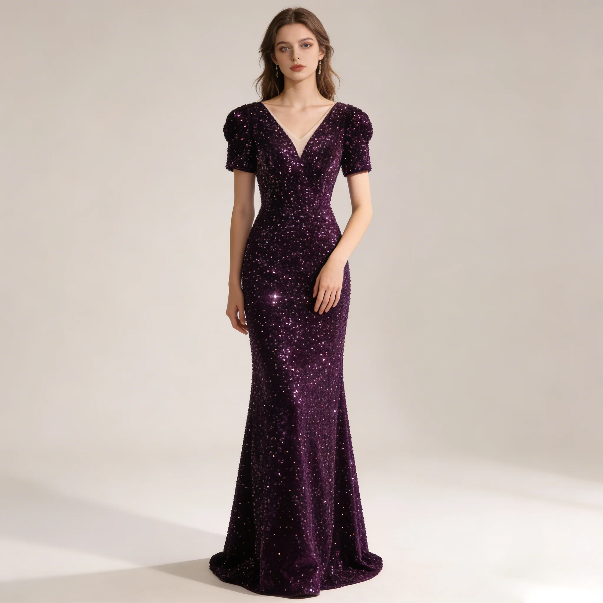 L&P DQL Studio Evening Dress Mermaid Sequins Prom Gowns V-Neck Short Sleeves Zipper Back Party Dress
