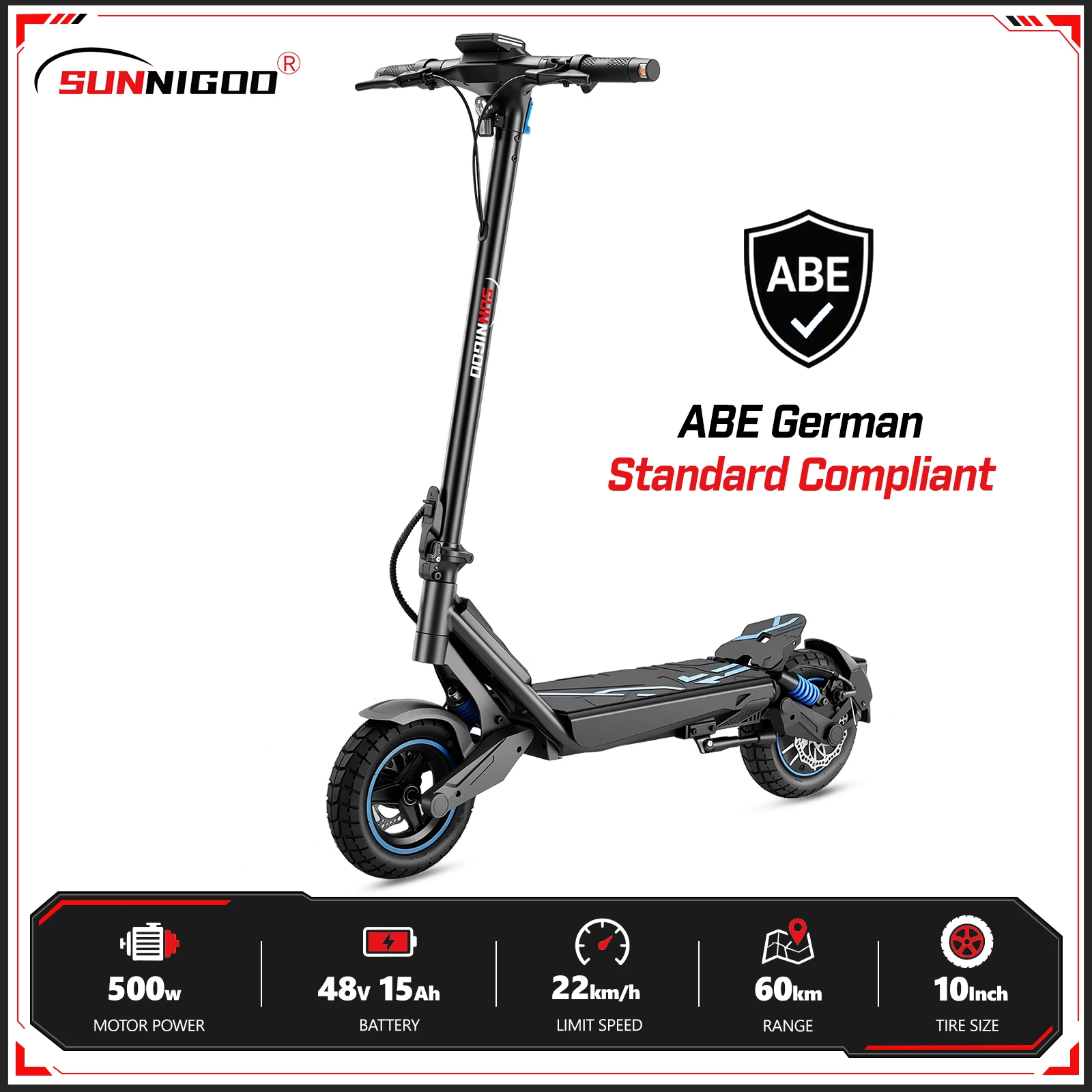 GT N07 ABE Elektroroller nach deutschem Standard, Einzelantrieb, 48V 500W leistungsstarker Motor, 15Ah, große Reichweite 60 km, 22 km/h, 10 Zoll schlauchlose Reifen, doppelte Vorder- und