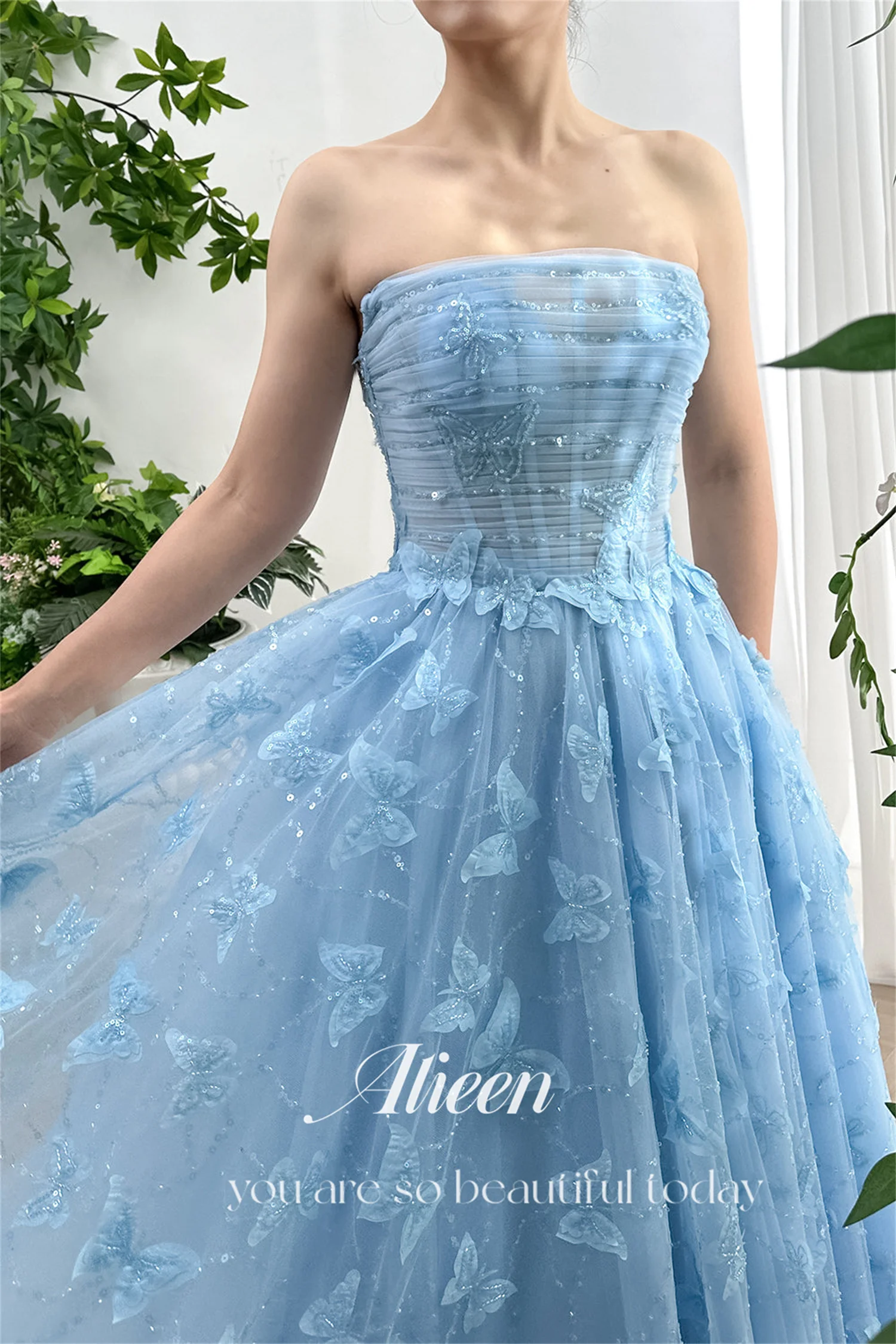 Aileen Tube Top A-line Sky Blue Butterfly Sharon Happy Evening Dresses for Special Occasions Elegant Gowns Rhinestones Party