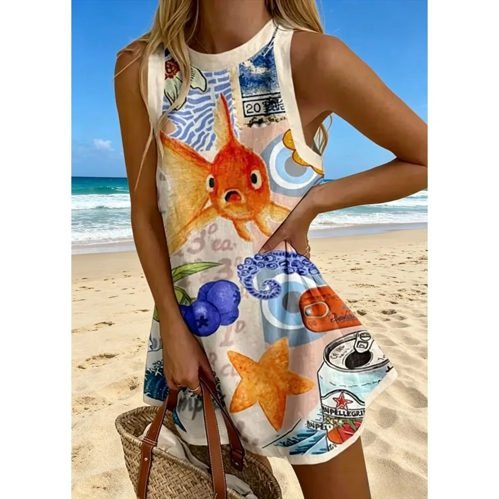 Colorful Fish Turtle Coral Print Mini Swing Dress Summer Contrast Trim Loose A-Line Sundress Cool Holiday Streetwear Plus Size