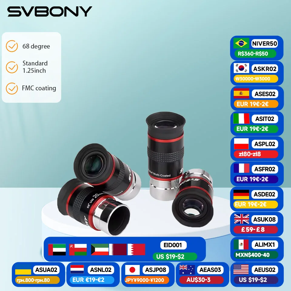 Svbony Telescope Eyepiece 6/9/15/20mm Telescope Accessory 1.25" 68 Degrees UWA Eyepieces Set for Astronomical Telescope