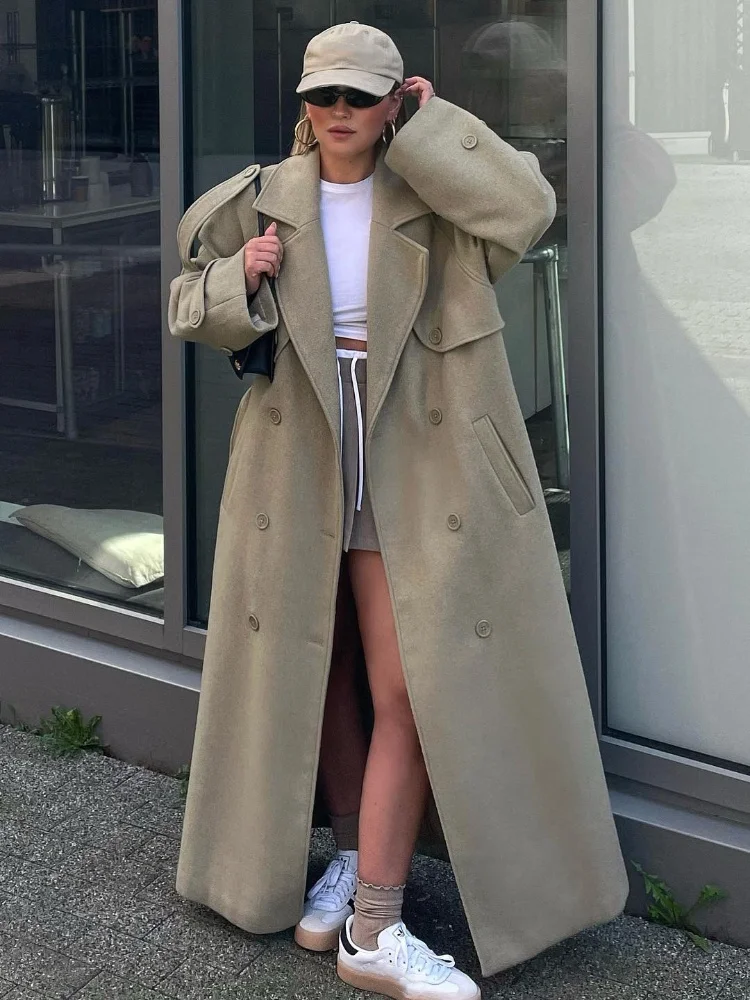 Women Elegant Solid Double Breasted Woolen  Overcoats Fashion Lapel Full Sleeves Pockets Long Coat Autumn Winter Warm Outwears