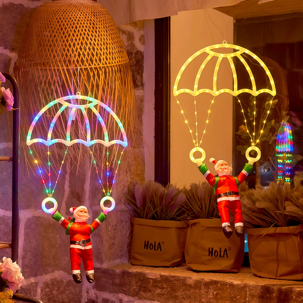 LED Christmas Parachute Light with Santa Claus Hanging Xmas Lamp Outdoor Roof Balcony Porch Fence Tree Home Decorations