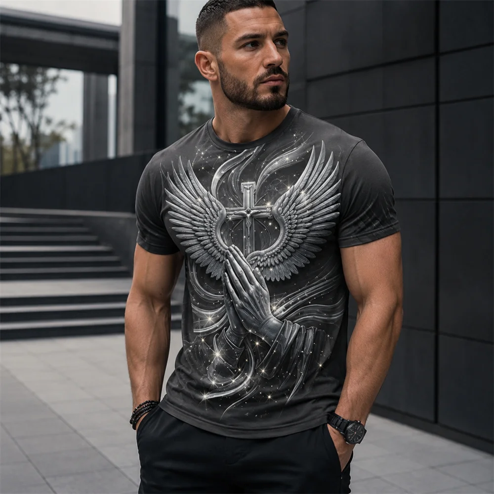 3D Graphic Print Angel Wings Cross T Shirt For Men's Short Sleeve Casual Summer Streetwear Fashion Top Spiritual Design Clothing