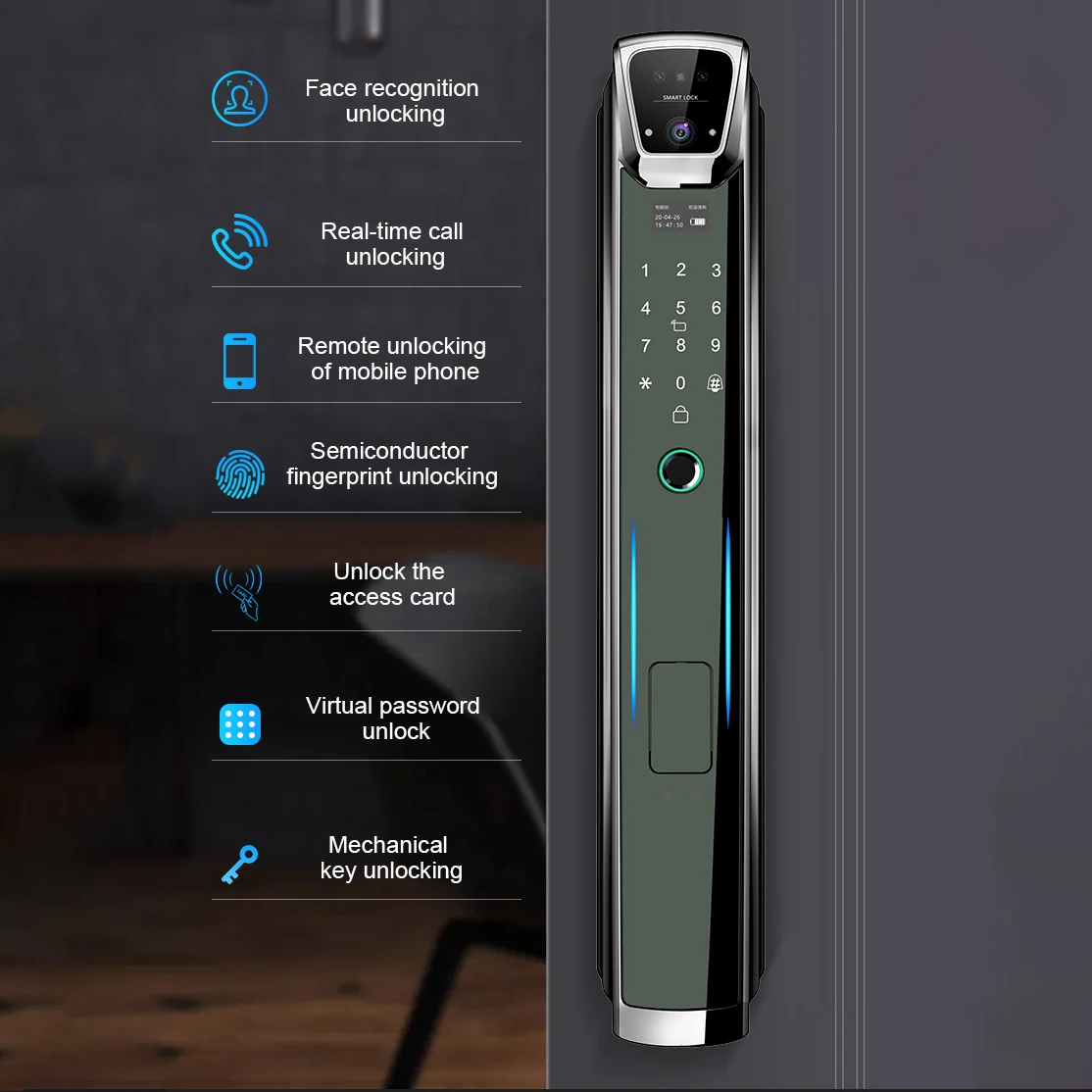 Face Fingerprint Key Virtual Password High Safety Aluminum Alloy Electronic Locks For Wood/Aluminum/Steel Doors