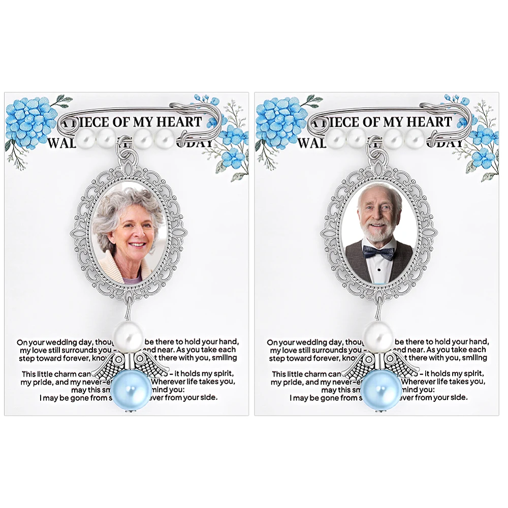 2Pcs Something Blue Bouquet Photo Charm Memorial Wedding Bouquet Photo Charm Blue Pearl Angels Wings Bouquets Garter Charms
