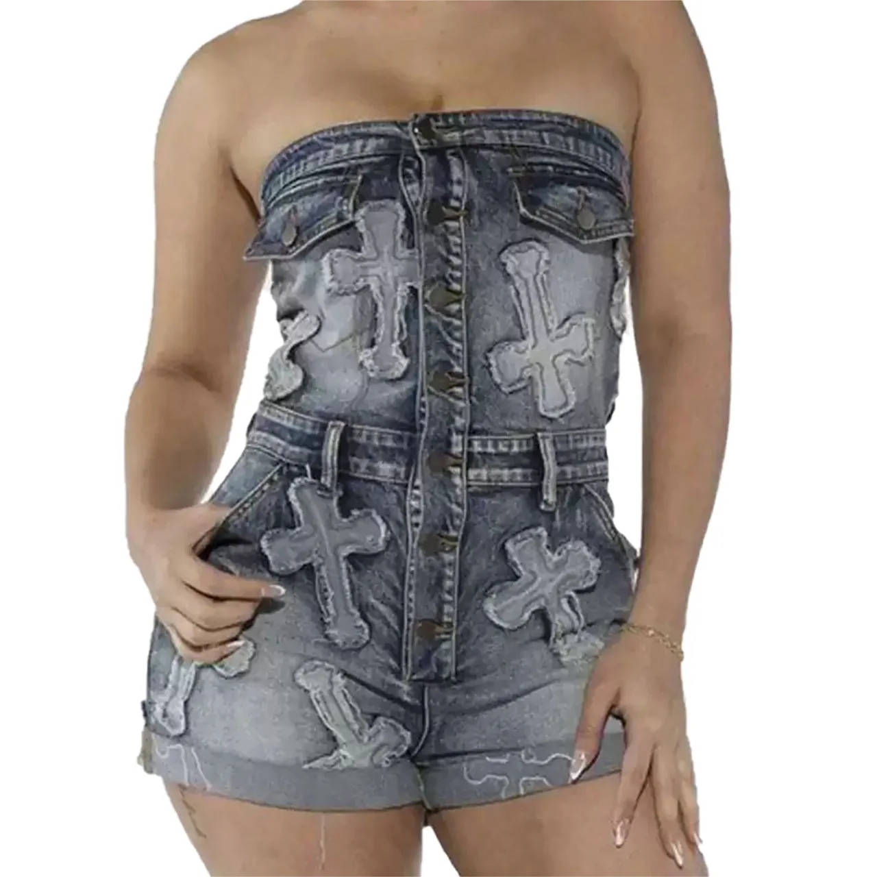 Sexy Denim Summer Jumpsuits Y2K Streetwear 2024 Women Bodysuit Playsuit Elegant Bodycon One Piece Pocket Cargo Romper Jumpsuit