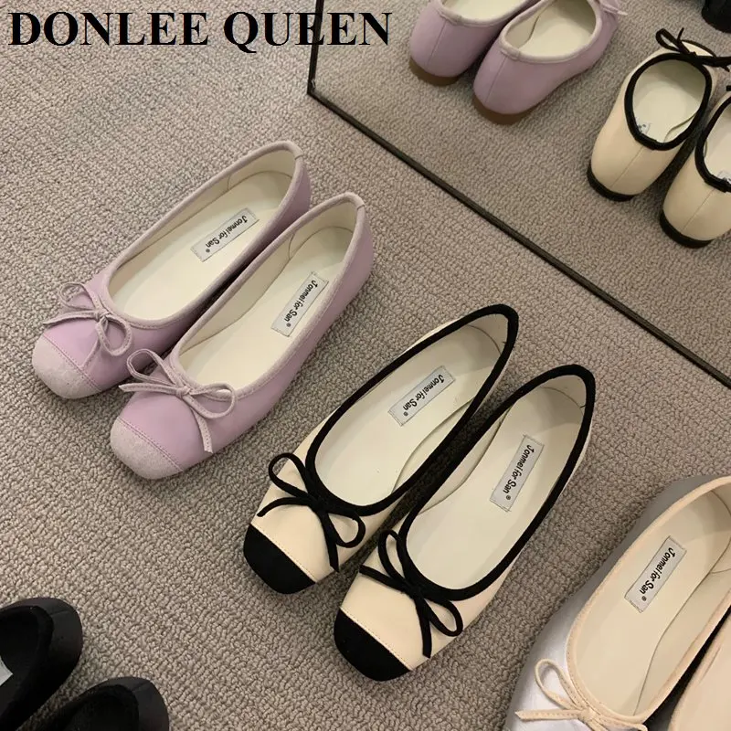 New Elegant Ballet Shoes Women Classic Square Toe Bow Tie Ballerinas Flats Ladies Loafers Comfortable Flat Shoes Female Moccasin