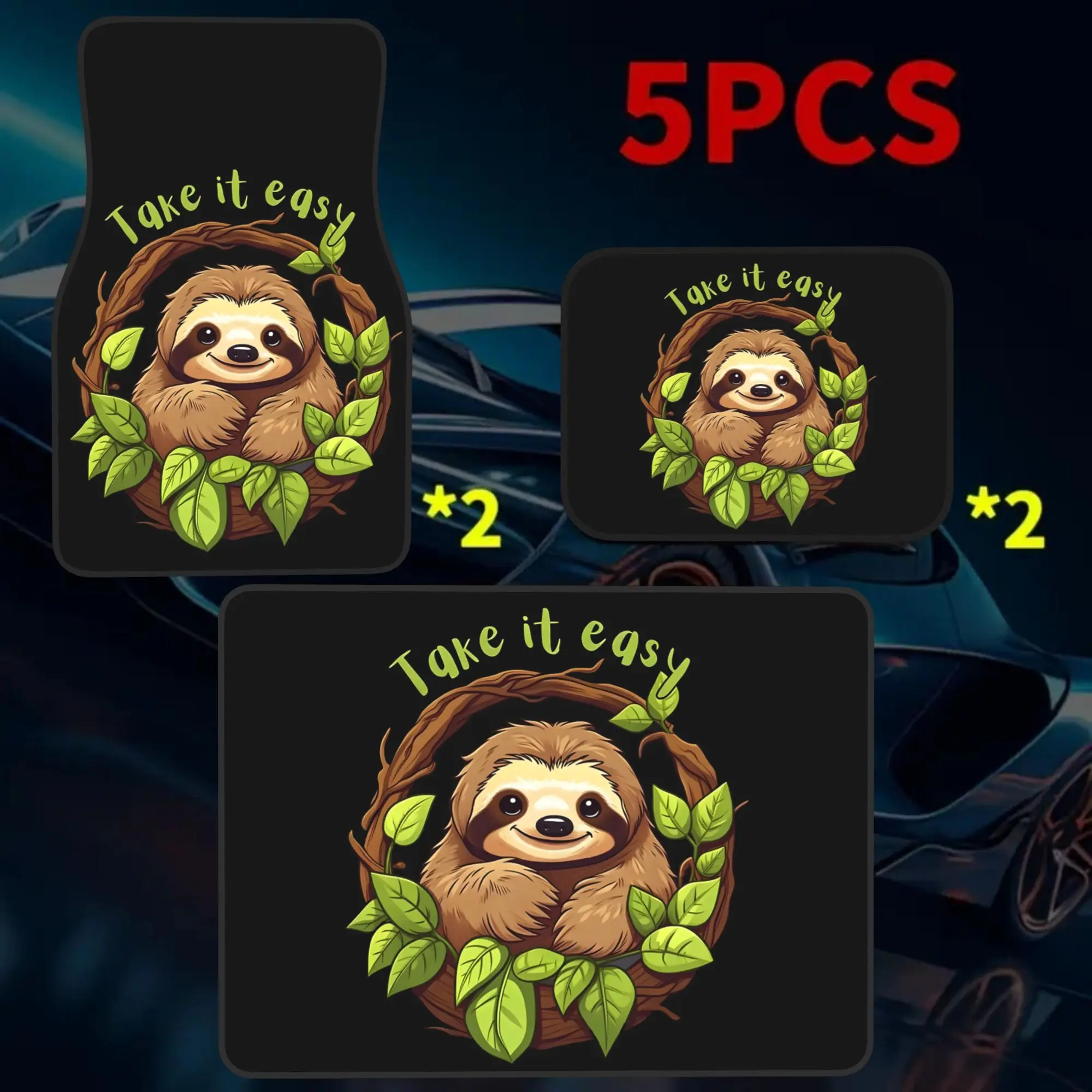 2D Plane 5pcss Wreath Sloth Print Car Floor Mat Set | Trunk Liner 5pcss Set (Including 4 Floor Mats And 1 Trunk Liner) With Styl