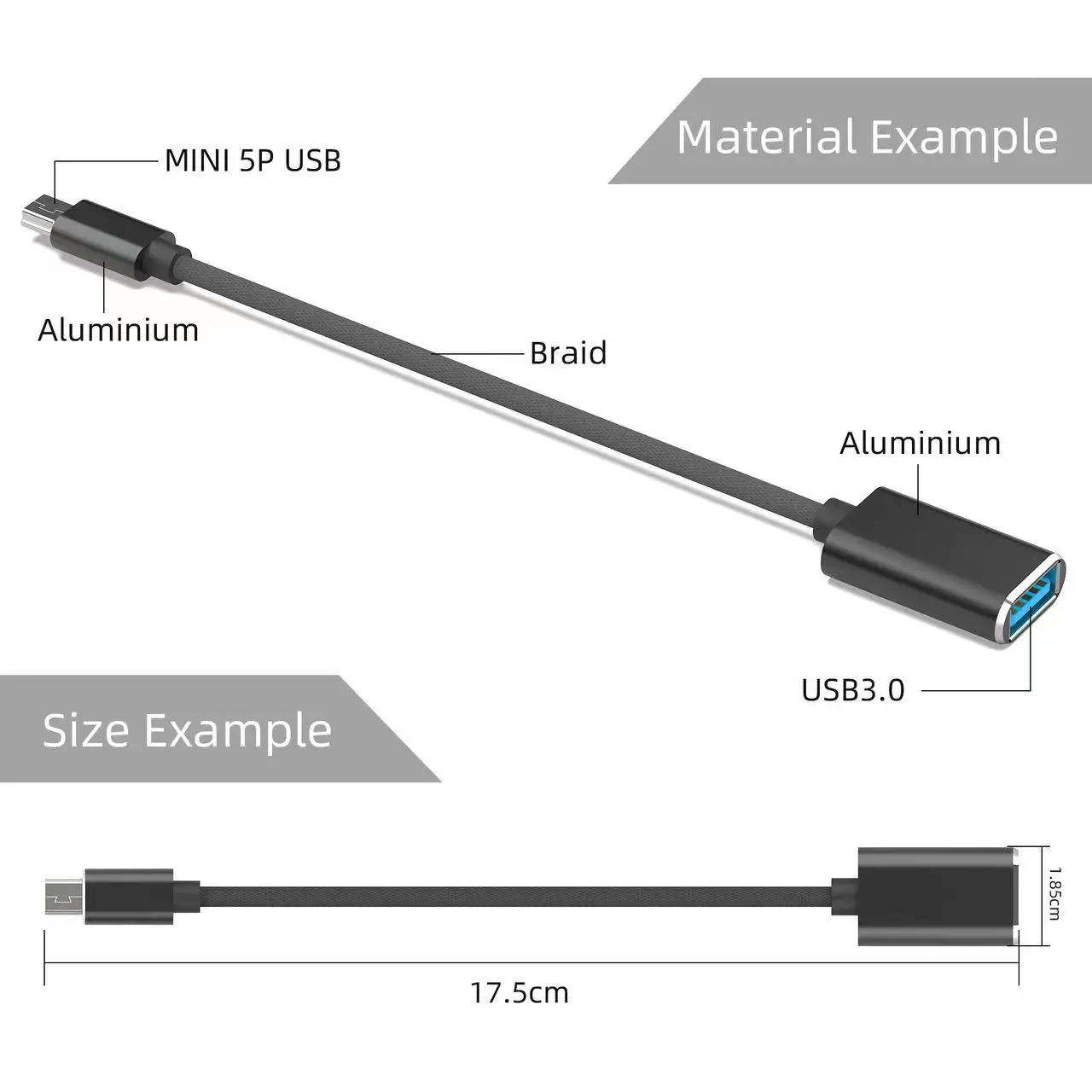 USB Mini-B 5 Pin Male to USB 3.0 Female Data Converter Mini USB OTG Adapter Cable for Car Speaker MP4 to U Disk