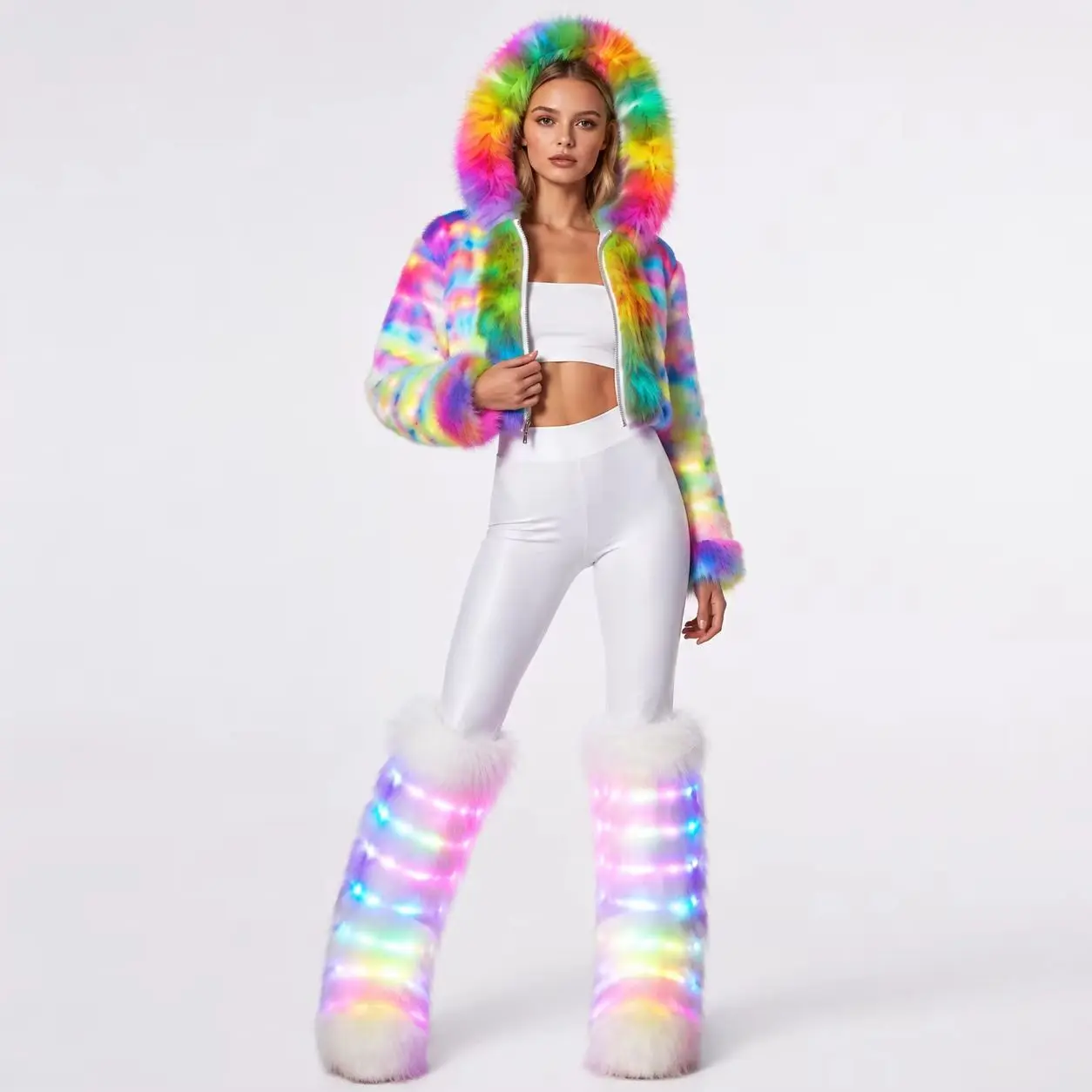 LED Light-Up Faux Fur Coat for Ladies Rave Festival Party Outfit Glowing Performance Outerwear with Optional Matching Shoes