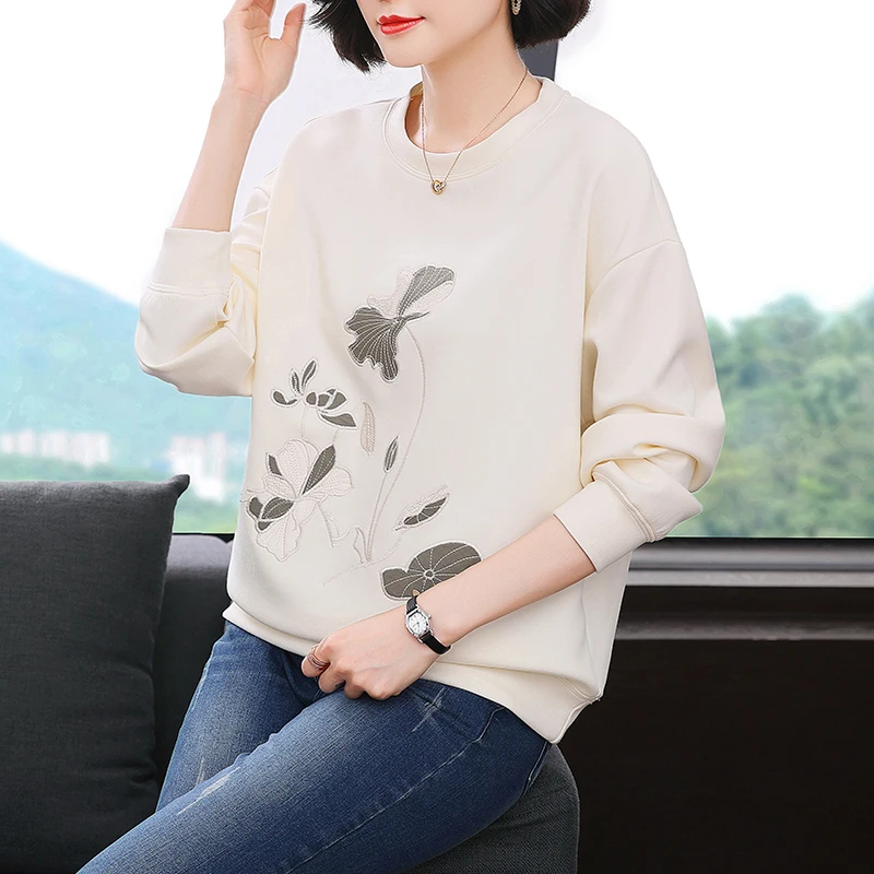 Spring Autumn Lotus Leaf Embroidered Women's Sweatshirt Korean Style Round Neck Long Sleeve Loose Casual Streetwear Hoodies Tops