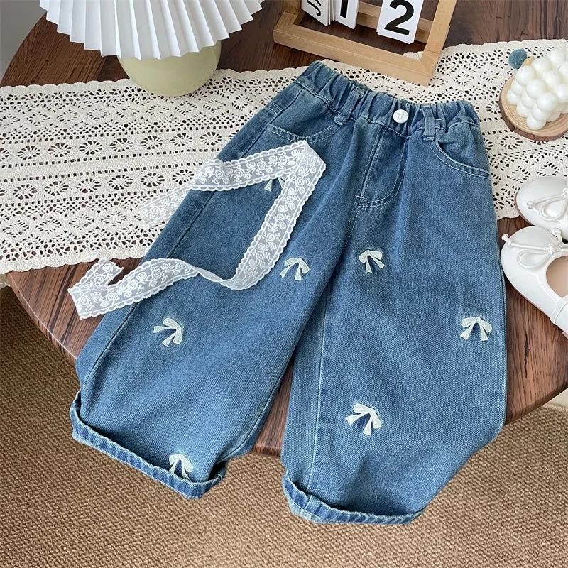2025 Spring and Autumn Girls' Jeans Baby Children's Korean Three-dimensional Bow Wide Leg Pants