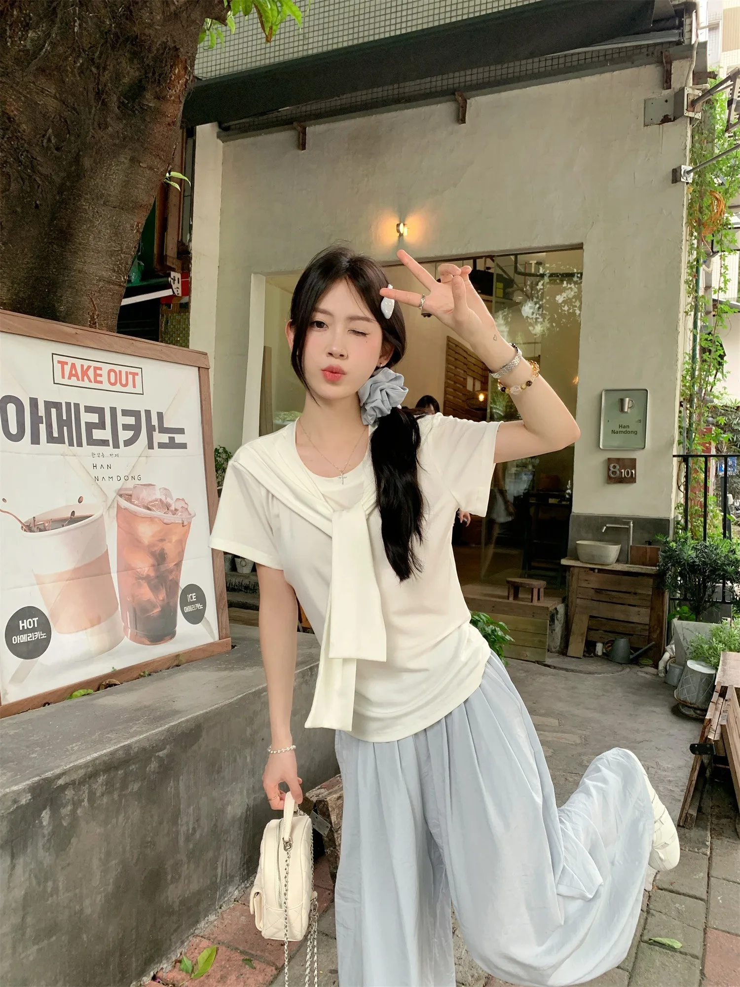 

Kumikumi Summer Casual Loose Women's T-Shirt And Pants Set Short Sleeve Fake Two-Piece Shawl Long Pants Two-Piece Suit