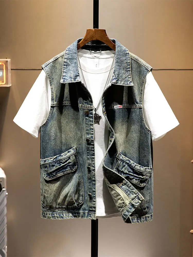 American Retro Denim Vest Men's Jacket Loose Large Pocket Workwear Shoulder Bared Vest Simple Versatile Large Size Top