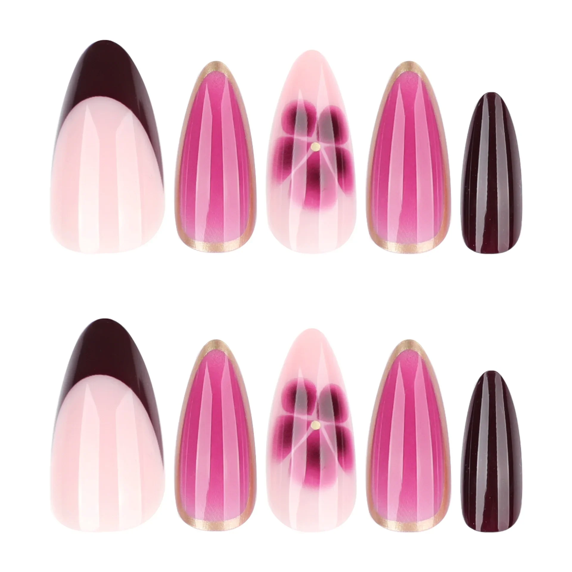 Purple Flower Petal Halo Dyeing Golden Edge Wearable Nail Art Almond False Nail Detachable Finished Fake Nails Press on Nail