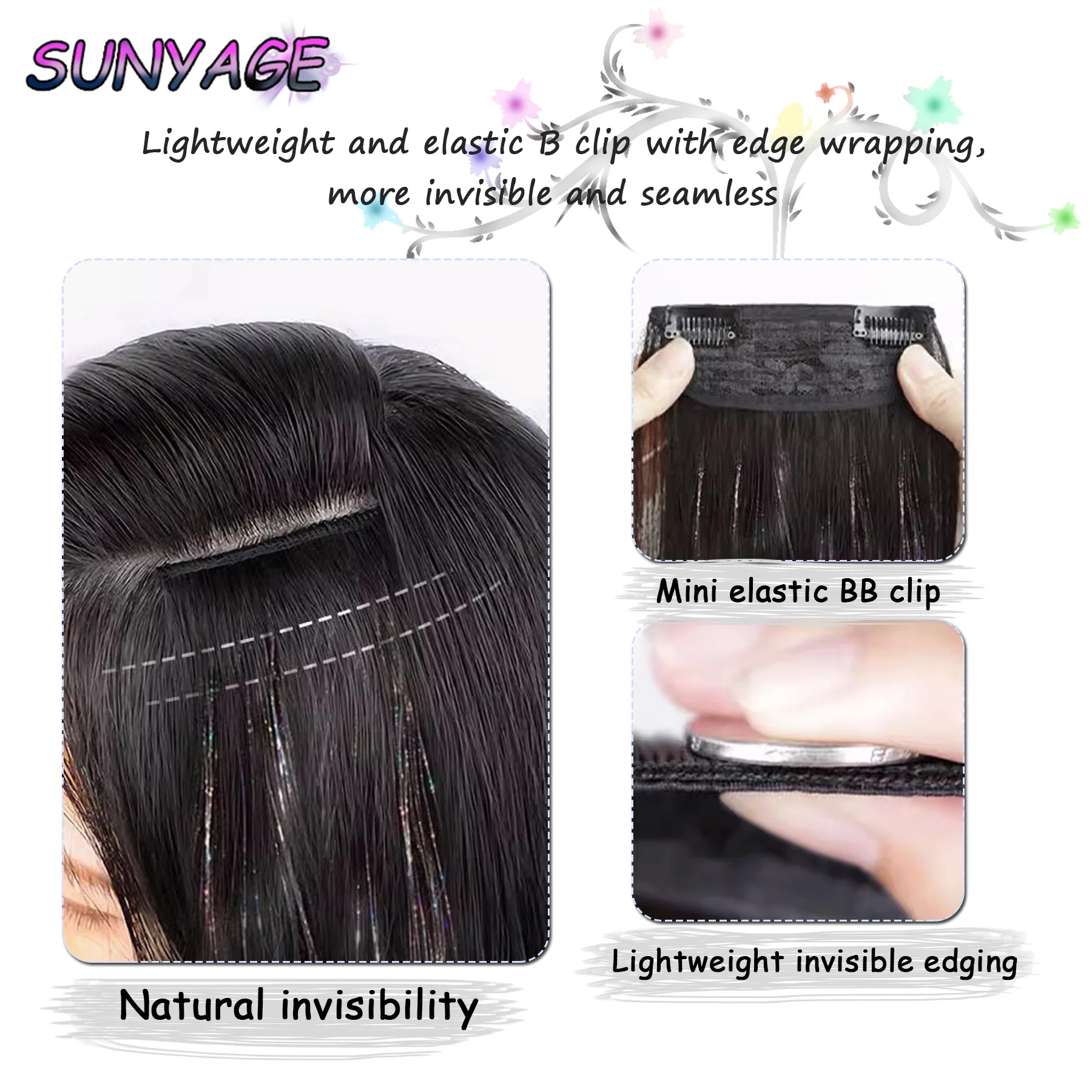 SUNYAGE-extensões sintéticas do cabelo de 3 peças, natural, sem costura, clipe, colorido, orelha-pendurado, tingido, fase