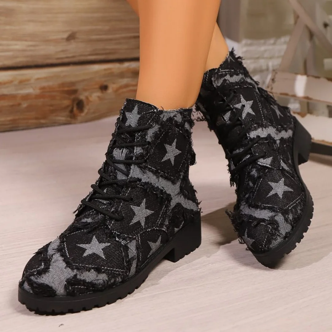 

Plus size Western cowboy boots new fashion lace-up round head printed thick heel Doc Martens leather boots