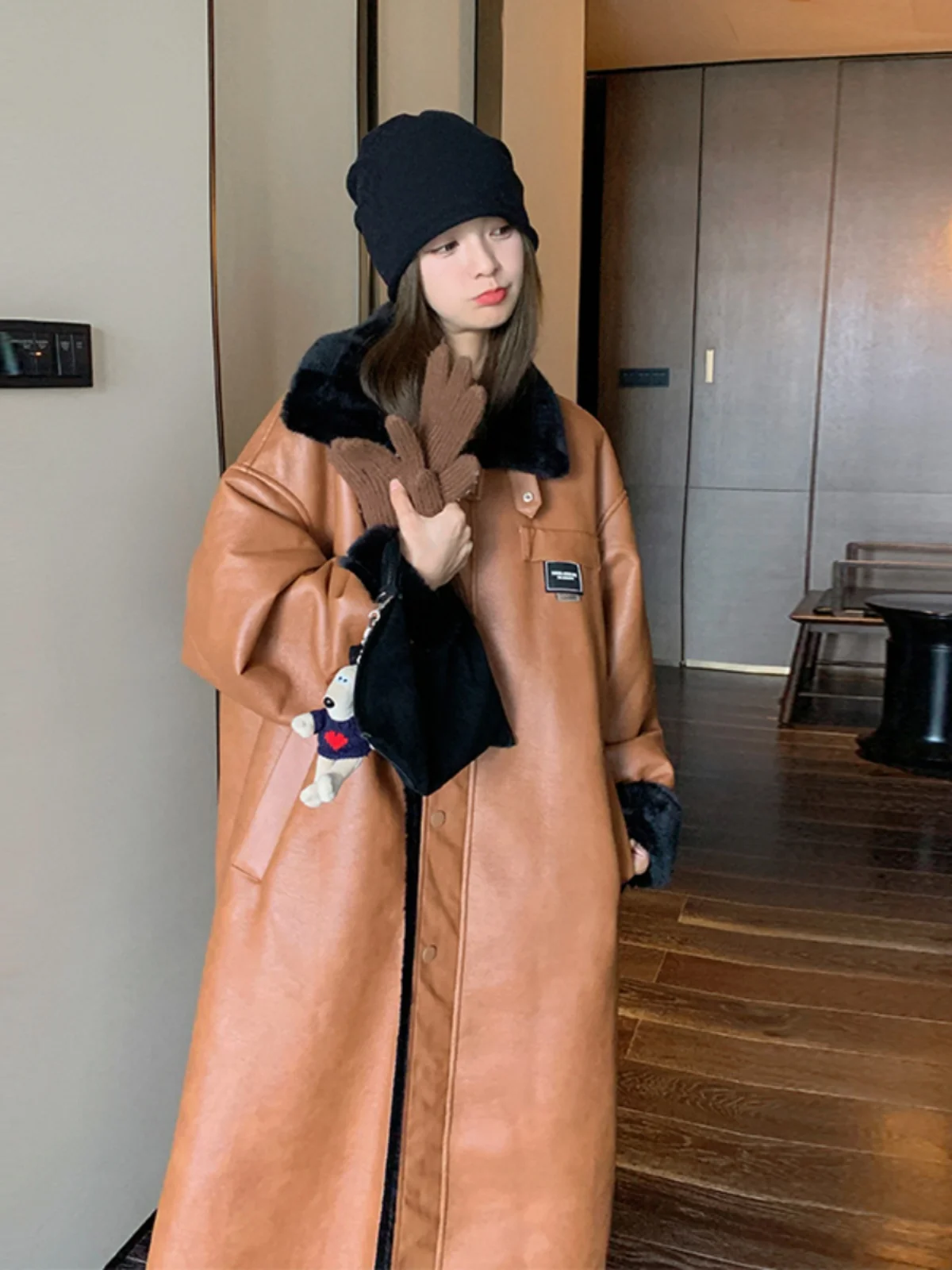 Brown Lamb Fur Jaet Women's Mid-Length Autumn Winter Thiened Fce Lined Leather Fur Inteated ular Coat