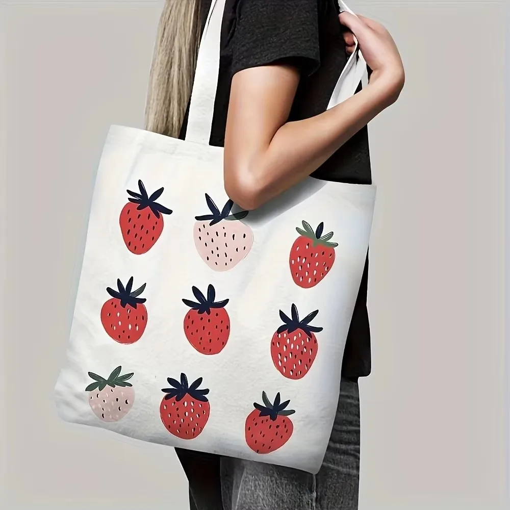 1 Portable Strawberry-Printed Reusable Shopping Bag, Durable Polyester Shoulder Bag, Suitable for Beach, Shopping, Easter, and G