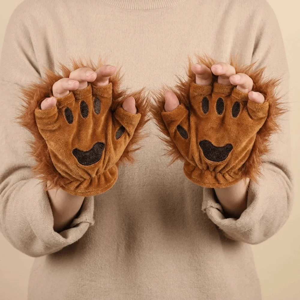Fashion Polyester Halloween Gloves Wolf Claw Animal Bear Paw Gloves Half Finger Fluffy Cat Paw Mittens Male/female