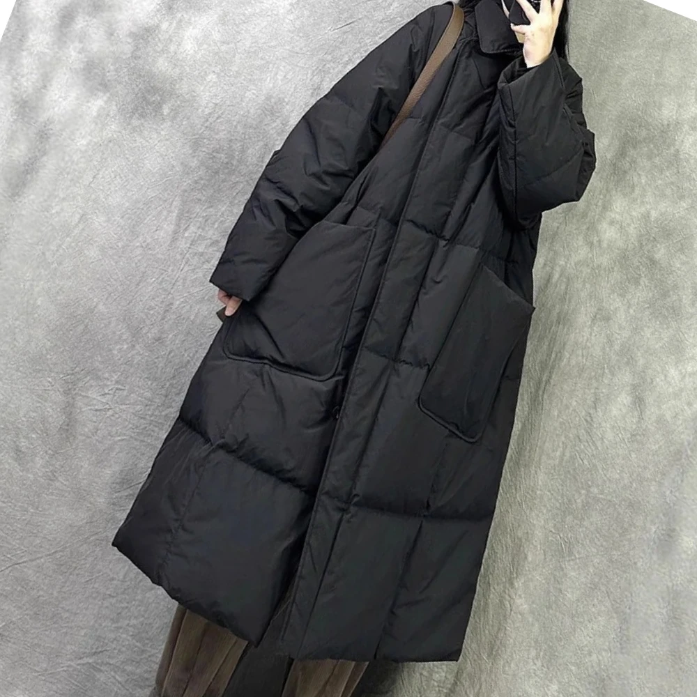 Winter Oversized Warm Down Long Coats Women's White Duck Down Trench Coat Quilted Pockets Thick Loose Down Jacket Outerwear