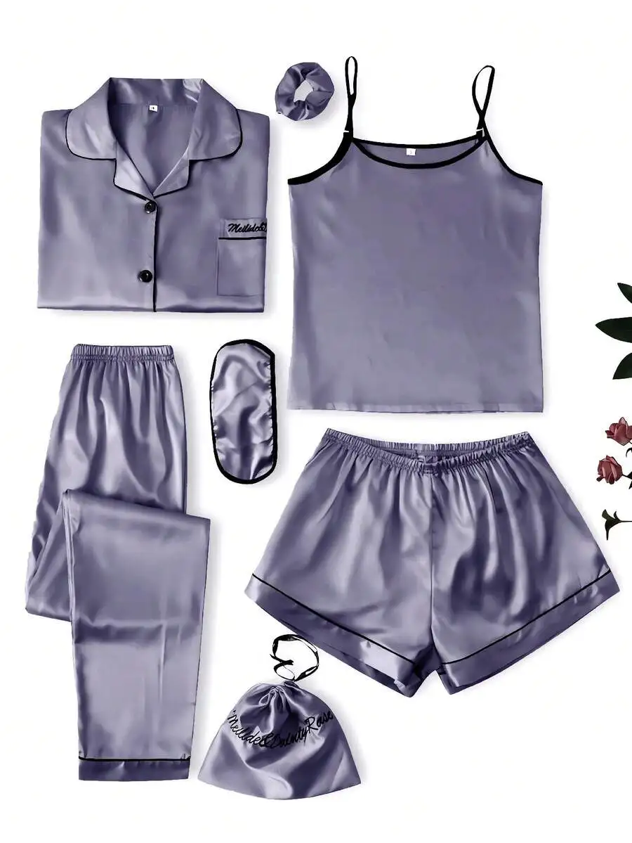 

7pcs Satin Pajama Set With Contrast Binding Cozy Elegant Sleepwear For Women