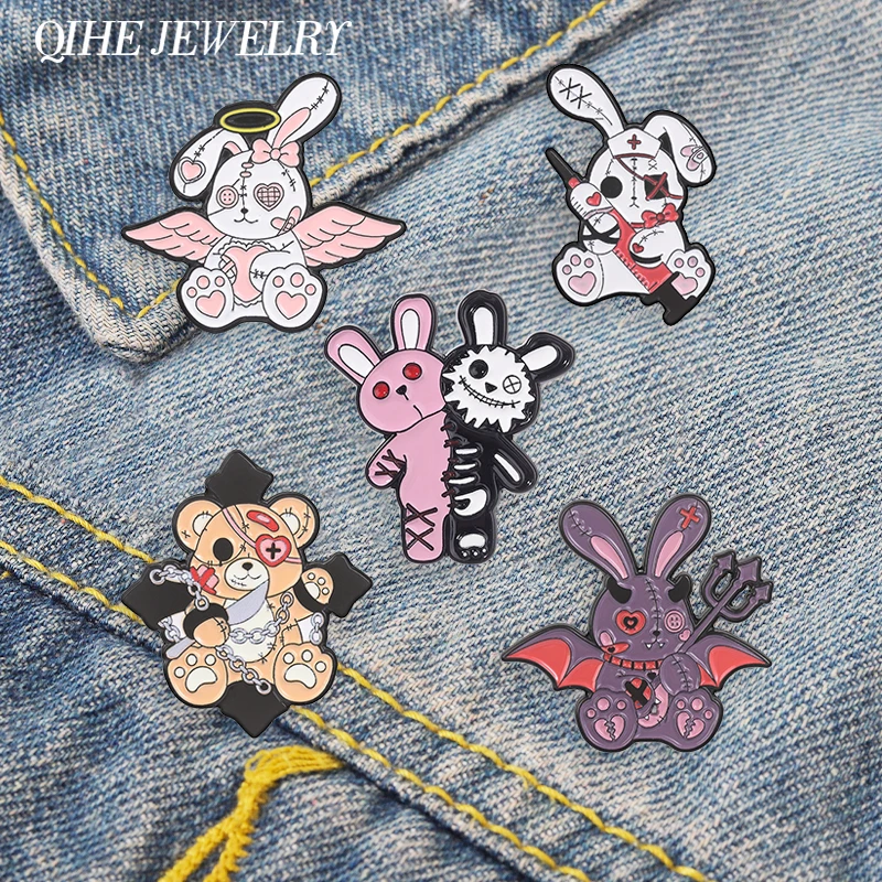 Stitched Plush Pastel Goth Horror Doll Enamel Pin Punk Teddy Bear Demon Purple Bunny Nurse Rabbit Brooch Y2K Alloy Jewelry Badge