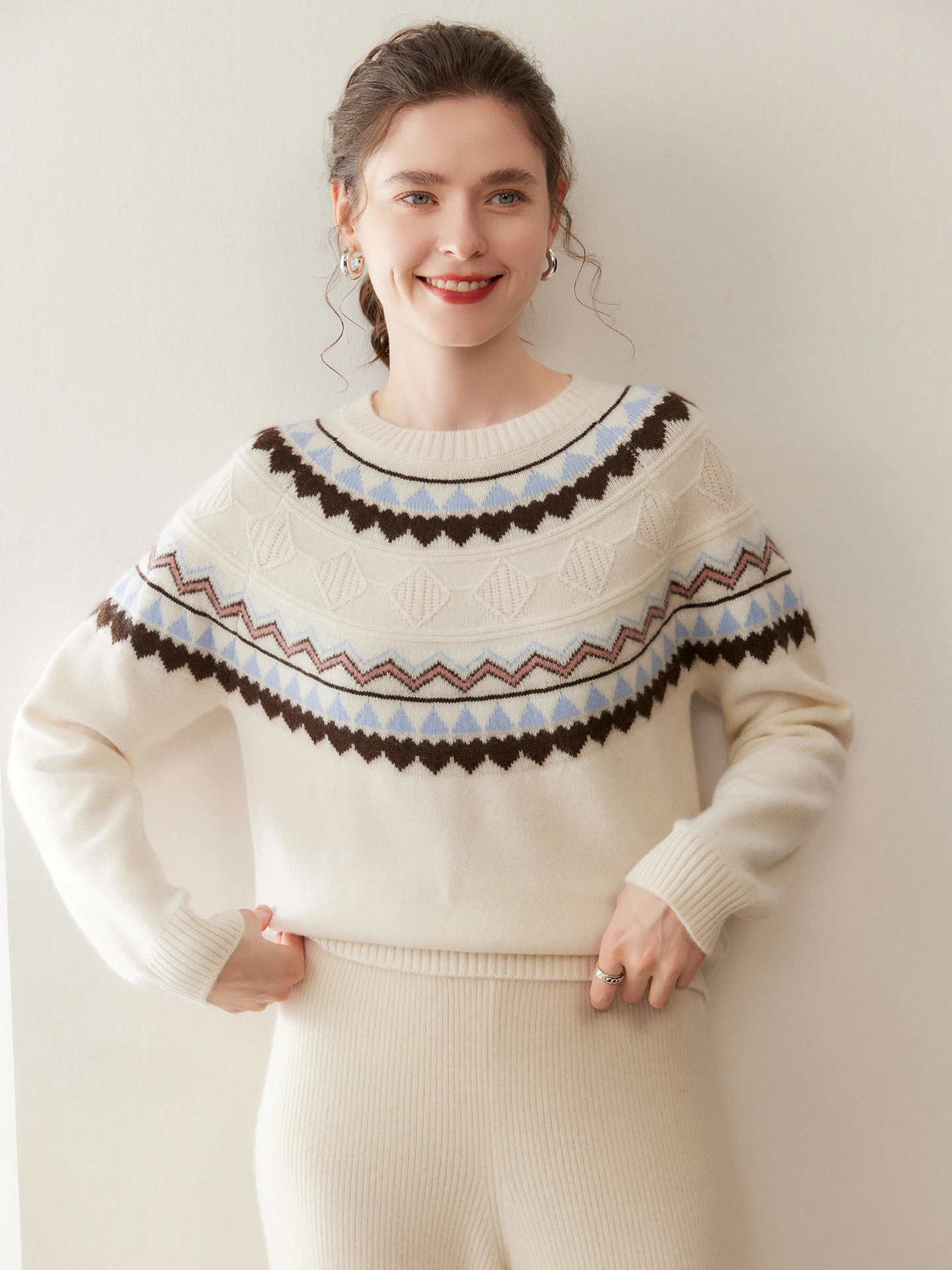 

Autumn Winter Women 100% Cashmere Pullover Sweater O-neck Fair Isle Jacquard Retro Elegant Loose Kint Long Sleeve Tops Elegant