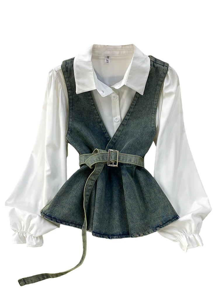 Slimming V-Neck Denim Waist-Cinching Jacket with Pleated Shirt Collar Long Sleeve Commute Style White Women's Outerwear