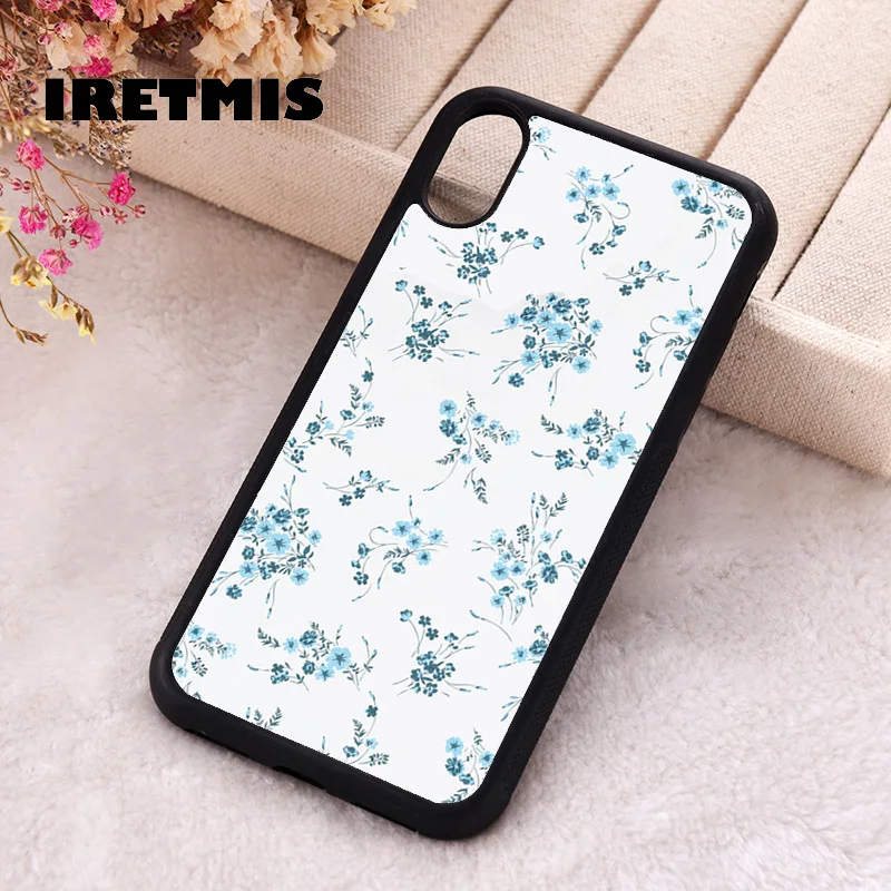 Iretmis Phone Cover Case For iPhone X XS Max XR 11 12 13 PRO MINI 14 15 16 Plus Rubber Silicone French Blue Floral