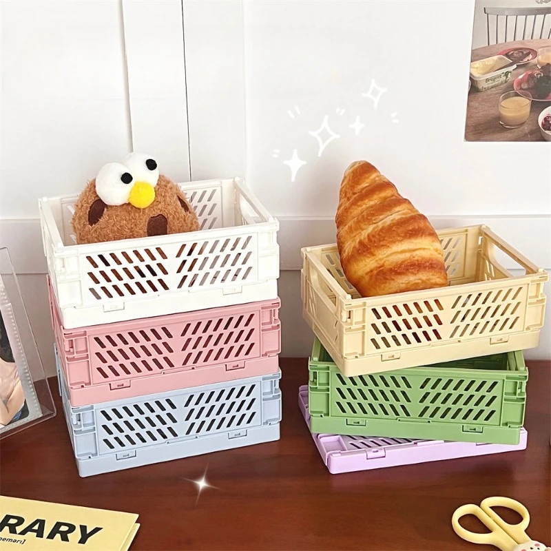 Plastic Foldable Storage Basket Desktop Kitchen Fruit Toy Holder Bathroom Cosmetic Container Shelf Organizers Folding Mini Box