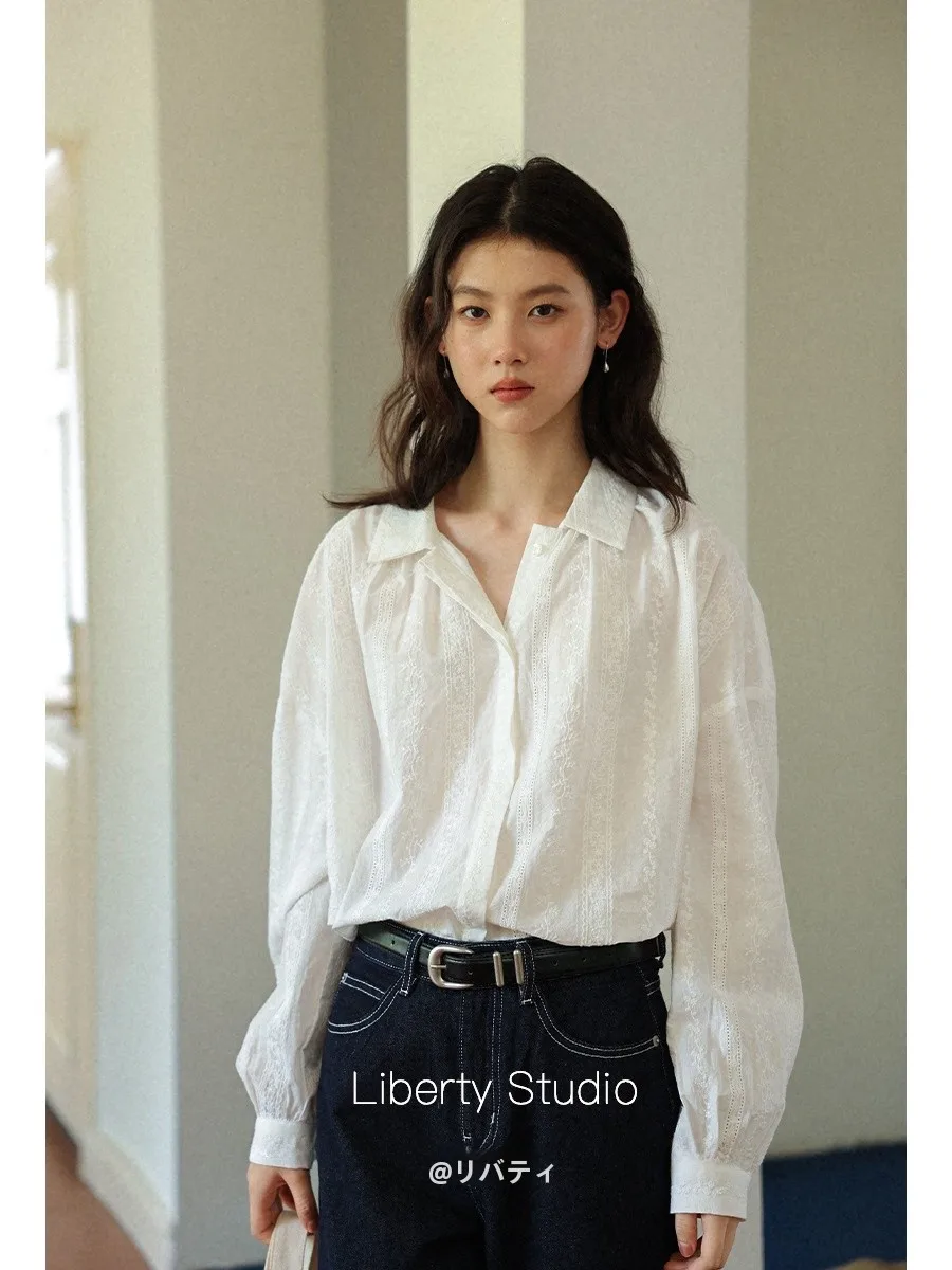 

French Style Loose Fit Long Sleeve Women's Shirt Embroidered Texture Breathable Pure Cotton Summer New Arrival