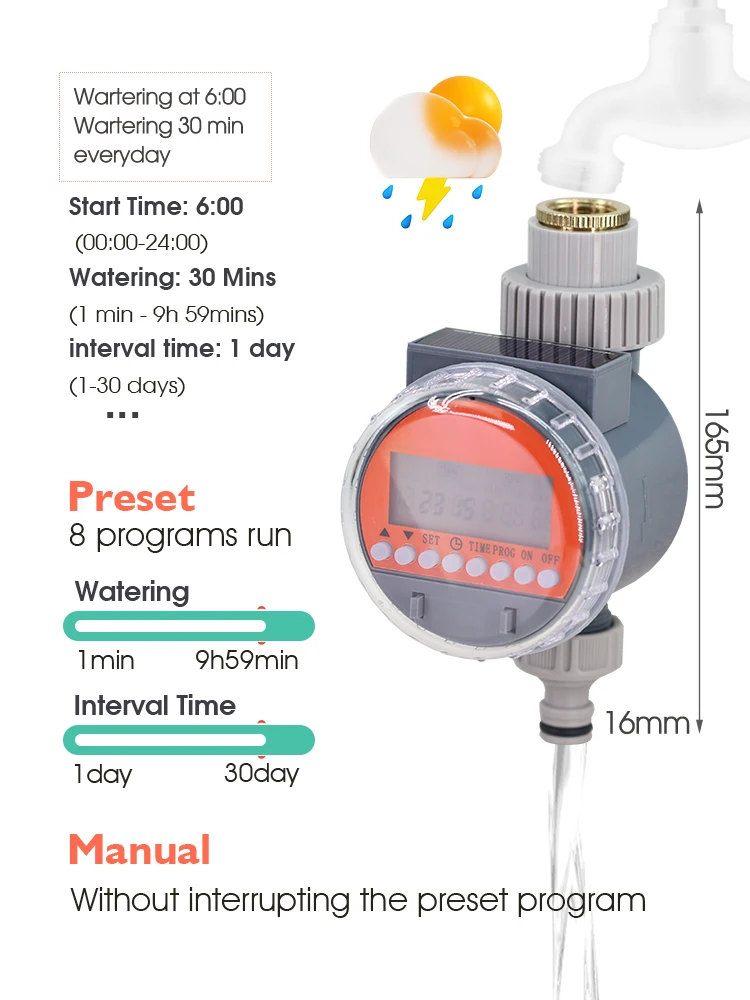 Solar Powered Ball Valve Garden Digital Water Timer Programmable Tap Hose Sprinkler Controller Waterproof Auto Irrigation Smart