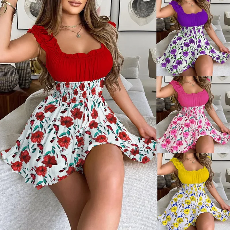 Summer New Floral Contrast Clasp Waist Slim Round Neck Dress 2024 Sexy Women's Red Sleeveless Print Fashion Mini Dress Vestidos