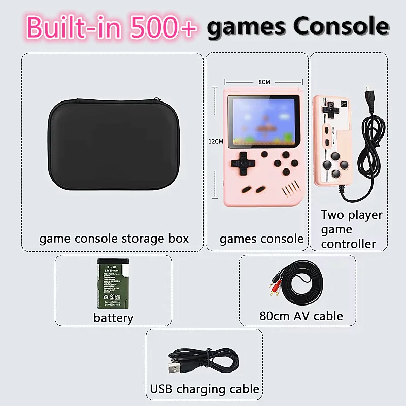 Handheld Console de videogame retro para menino, videogame de TV, built-in 500 + jogos clássicos, 2 jogadores, 5 Polegada