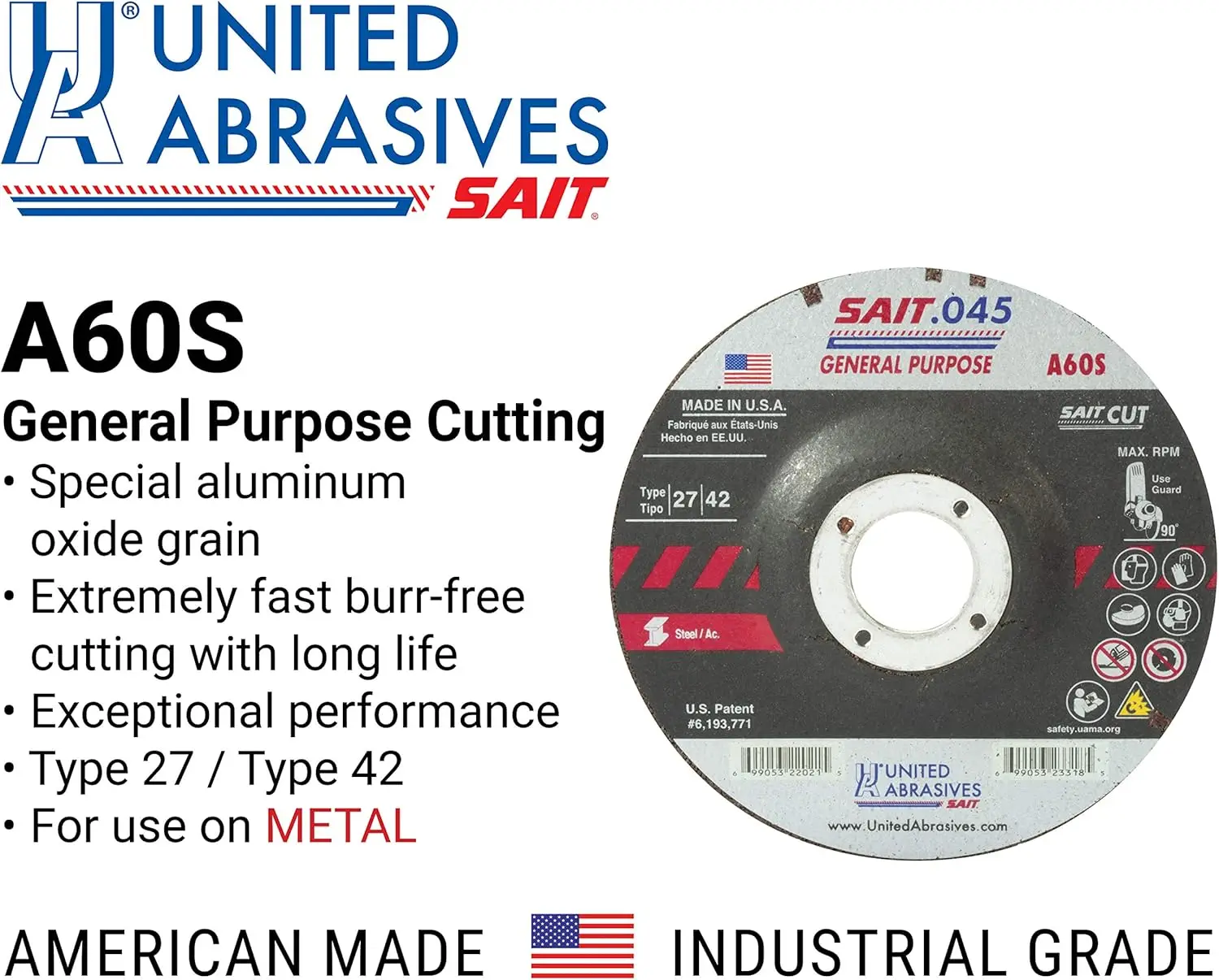 Abrasives-SAIT 22047 A60S Rueda de corte de uso general (Tipo 27/Tipo 42 Centro depresado) 6" x.045" x 7/8", paquete de 50