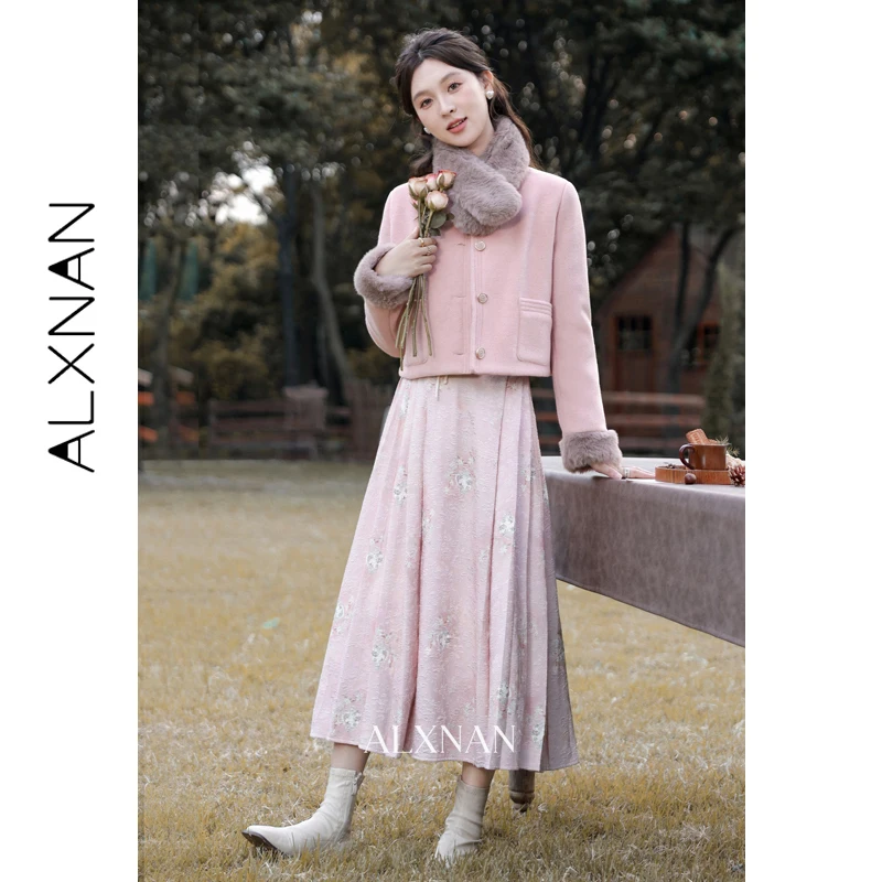 ALXNAN Women's Pink Skirt Floral Print Chinese Style Long Skirts 2026 High Waist Elegant Party Pleated Skirts Female L33125