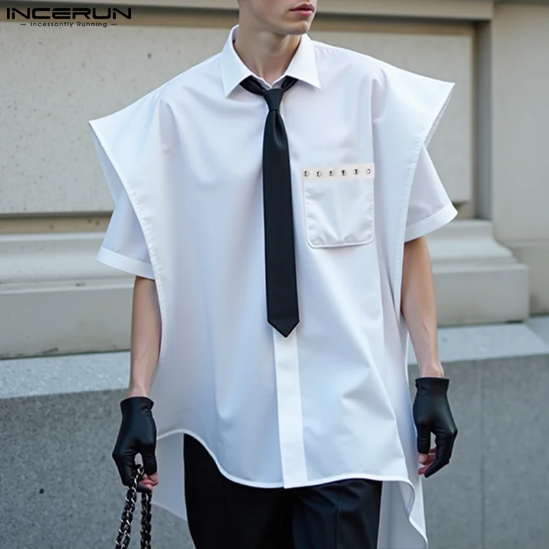 

INCERUN Men Irregular Shirt Patchwork Lapel Short Sleeve Summer Men Clothing Streetwear 2025 Fashion Casual Camisas S-5XL
