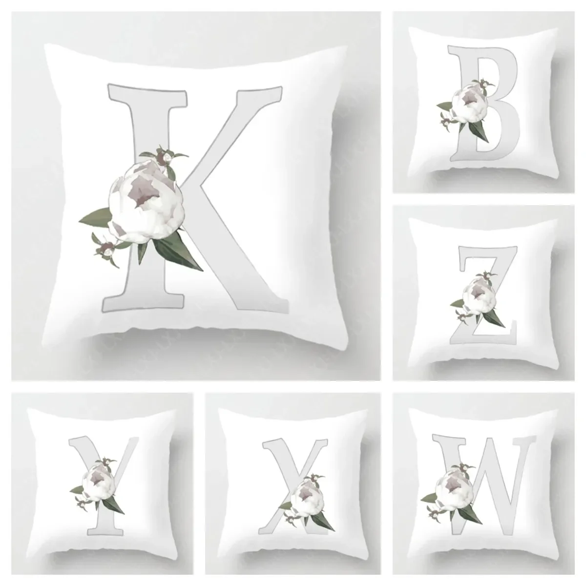 Peony White 26 Alphabet Cushion Cover Alphabet Pillowcase Square Pillowcase Suitable for Bedroom Bed Living Room Sofa Car