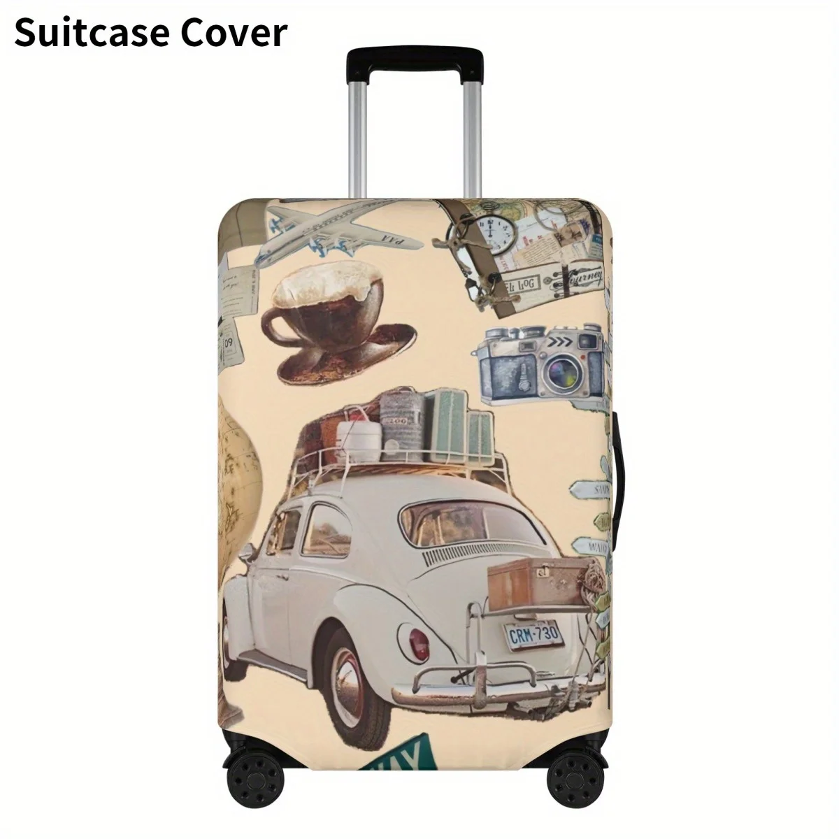 

1pc Vintage Travel Suitcase Cover 18-30 Inch Elastic Luggage Cover with Cartoon Design, Machine Washable Polyester