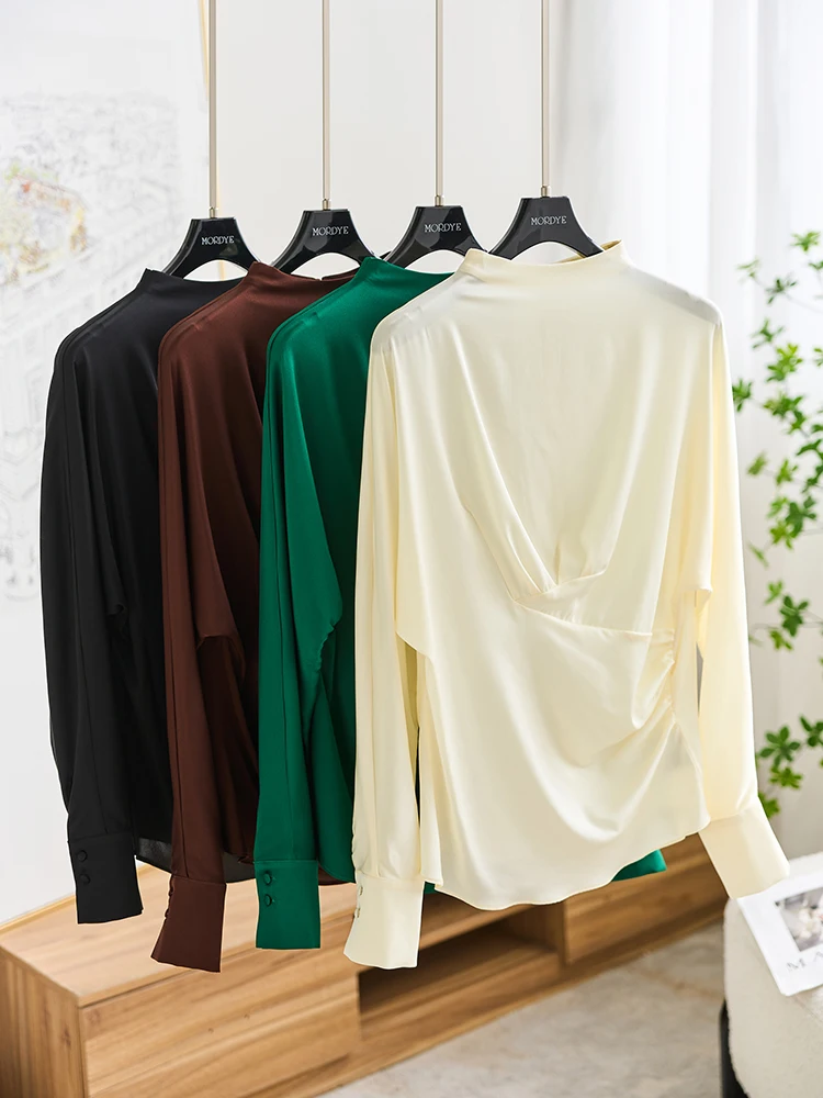 

Silk Satin Long Sve irt Women's Waist-Cinching Stand Collar Top Commute Sle Ele Straight Cut Button Detail