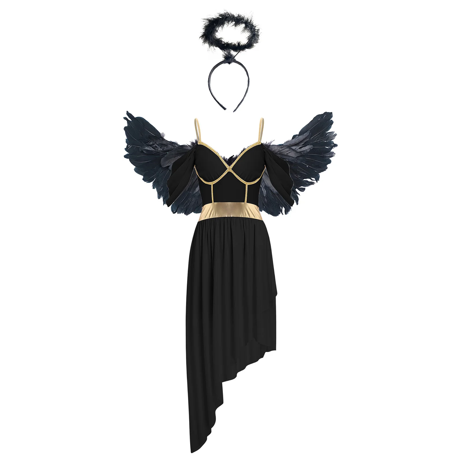 

Women Carnival Ancient Roman Angel Queen Devil Cosplay Fancy Dress with Feather Wing And Headwear for Halloween Party Raves