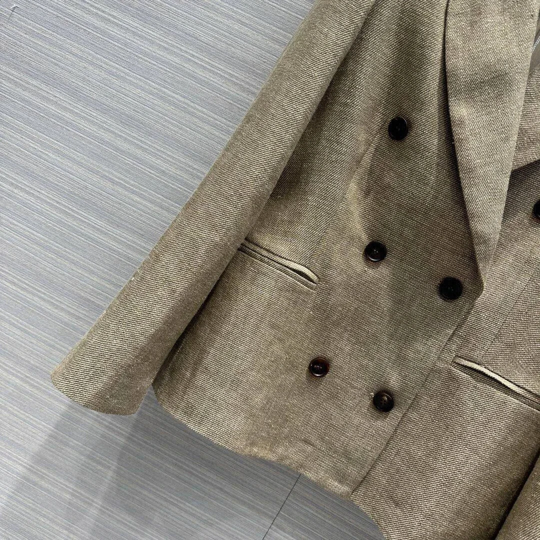 2024 New Fashion 95% Linen Blazer Suit Women Notched Double Breasted Long Sleeve Khaki Color Casual Slim Jacket