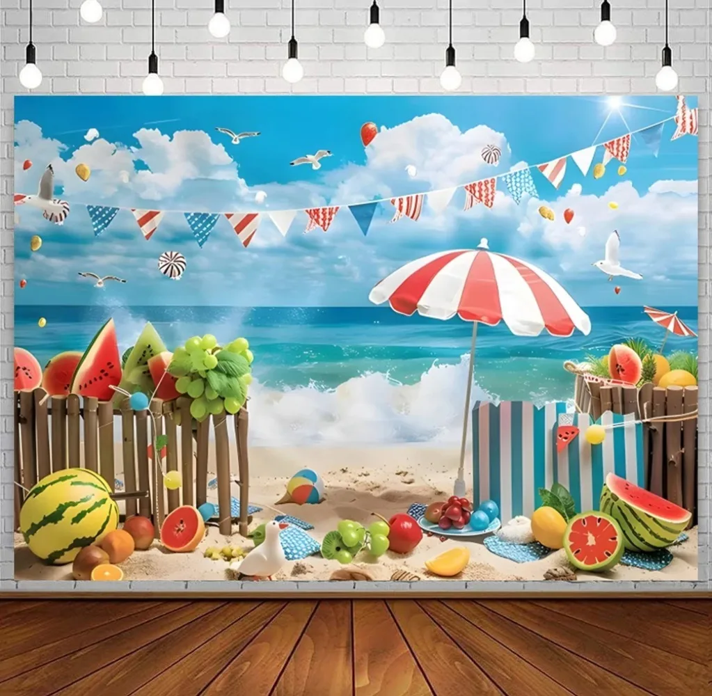 

Summer Beach Fruit Seaside Watermelon Umbrella Theme Banner Backdrop, Children's Birthday Party Decoration Photography Backdrop